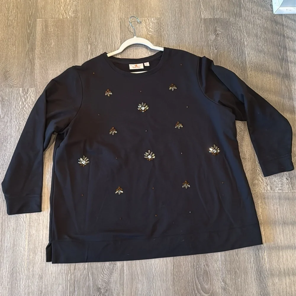 Embellished bejeweled Quacker Factory black crew neck sweatshirt size 2X